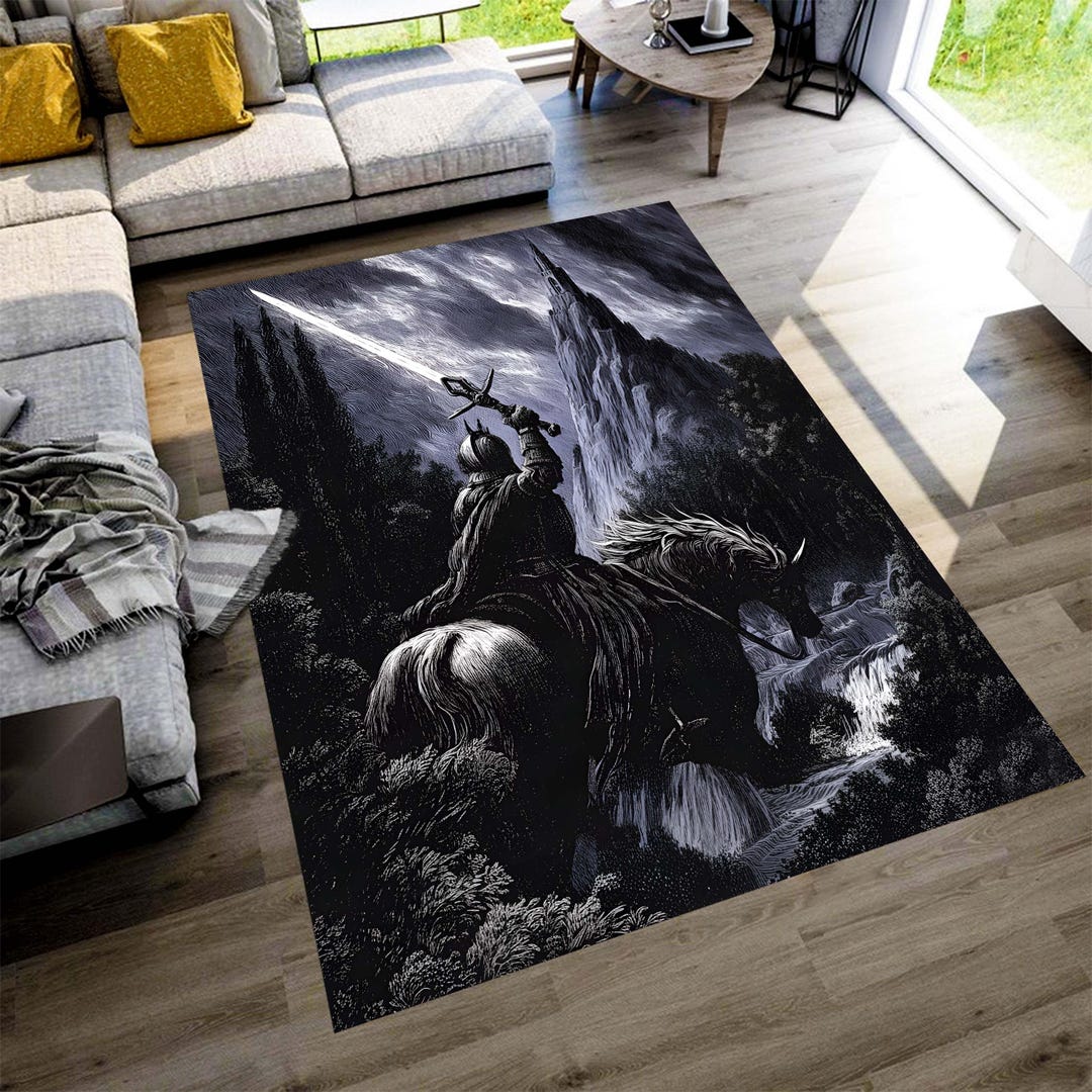 Dark Fantasy Knight Area Rug: Gothic Medieval Horseman Carpet, Non Slip ...