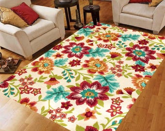 Vintage Floral Area Rug: Garden Blossom Carpet, Non-Slip Machine-Washable