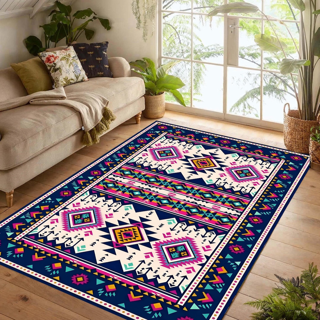 Navy Pink Teal Aztec Geometric Printed Area Rug: Boho Tribal ...