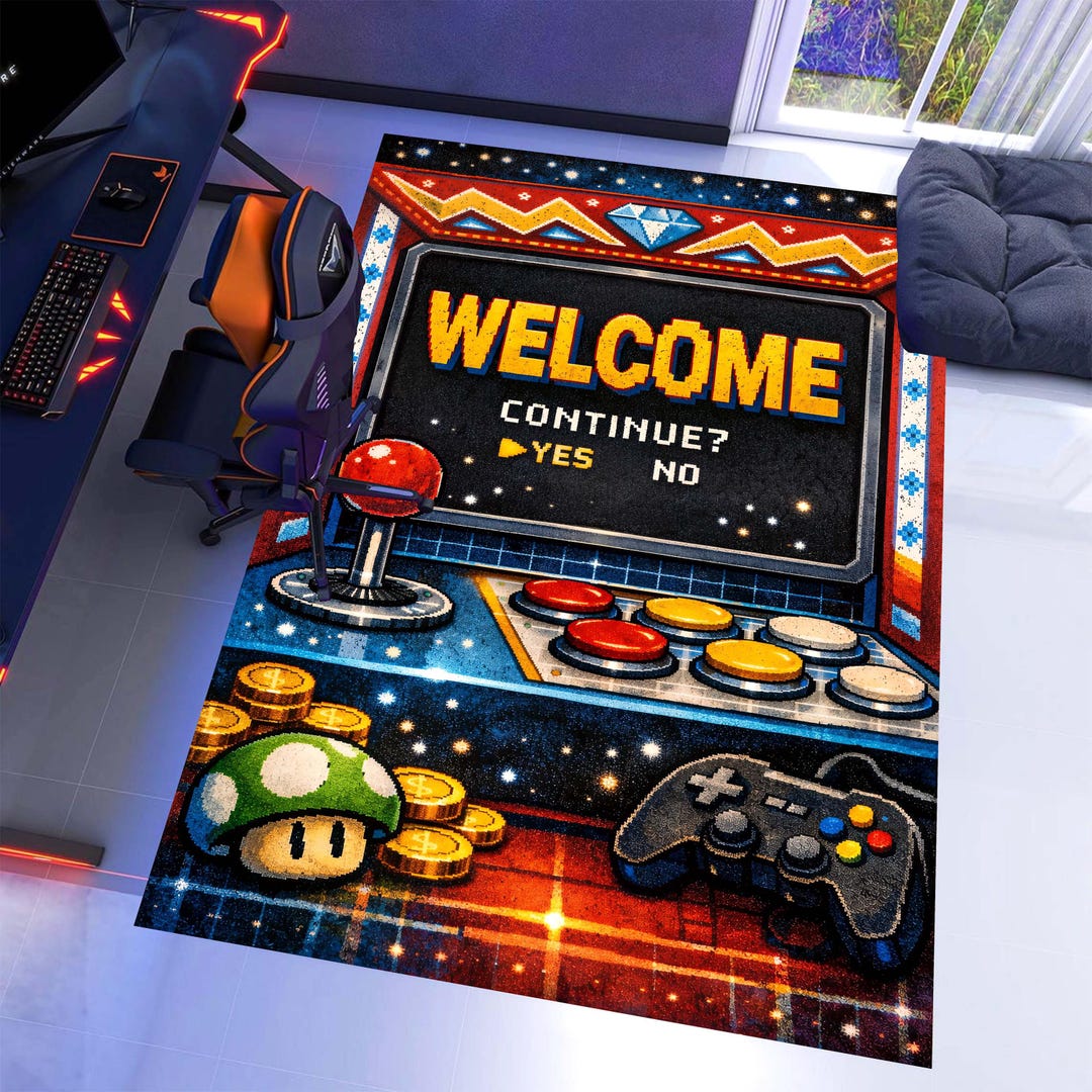 Modern Arcade Room Rug Retro Arcade Gaming Room Rug: Joystick Controller Carpet, Machine ...