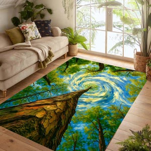 May include: A rectangular area rug featuring a vibrant, artistic depiction of a forest canopy. The design showcases a perspective looking up through trees, with a swirling sky in shades of blue, yellow, and green. The rug is placed on a wooden floor.