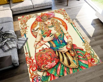 Steampunk Girl Rug: Art Nouveau Portrait Carpet, Non-Slip Machine-Washable