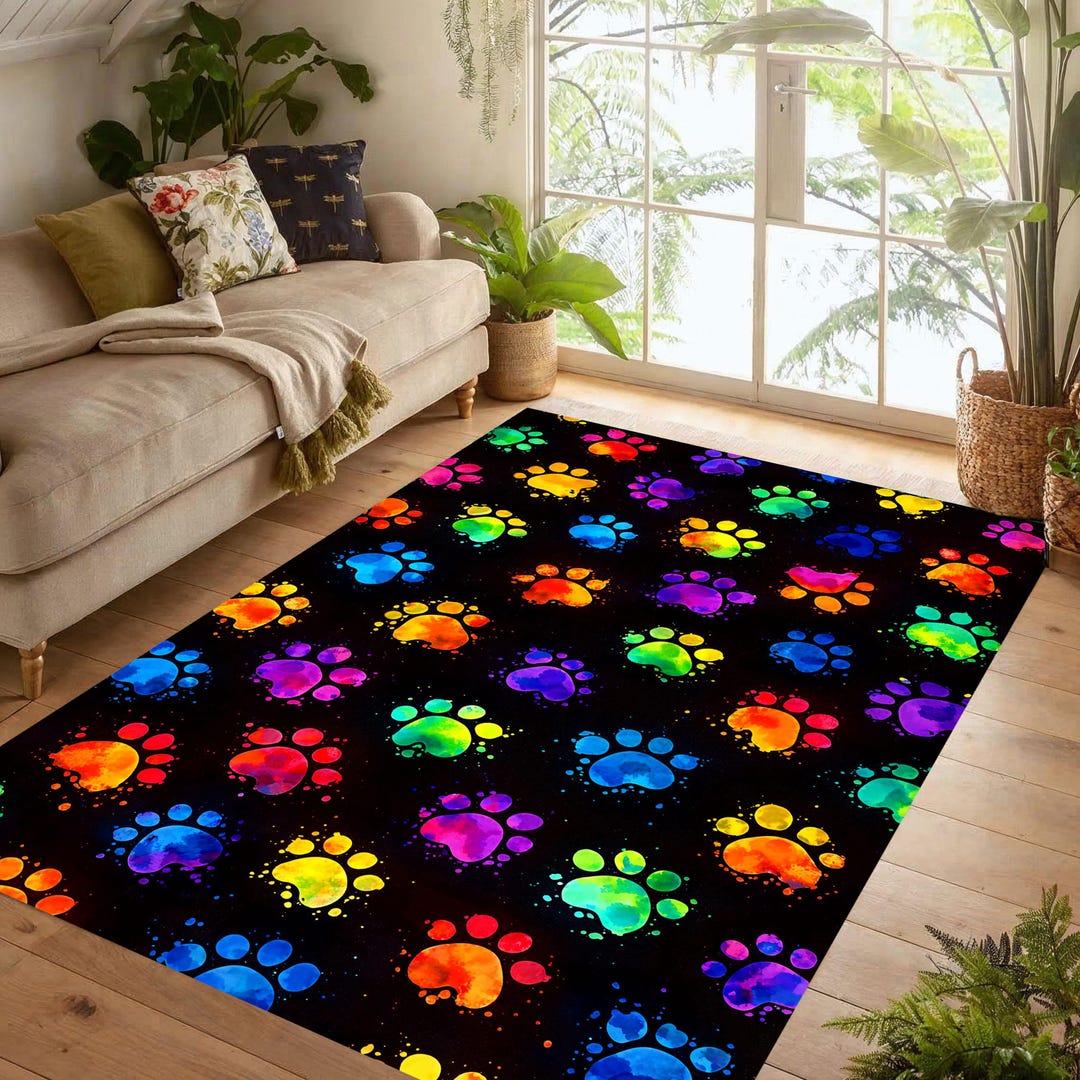 Paw Rug Pattern Rainbow Paw Print Area Rug: Colorful Watercolor Pet Paws Splatter ...