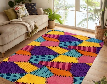 Colorful Patchwork Area Rug: Boho Quilt Pattern, Non-Slip Machine-Washable