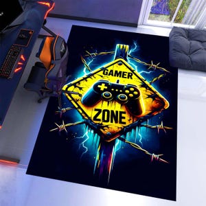 Tapete com Sinalização de Aviso de Zona Gamer: Tapete com Controle Remoto Neon, Lavável à Máquina e Antiderrapante