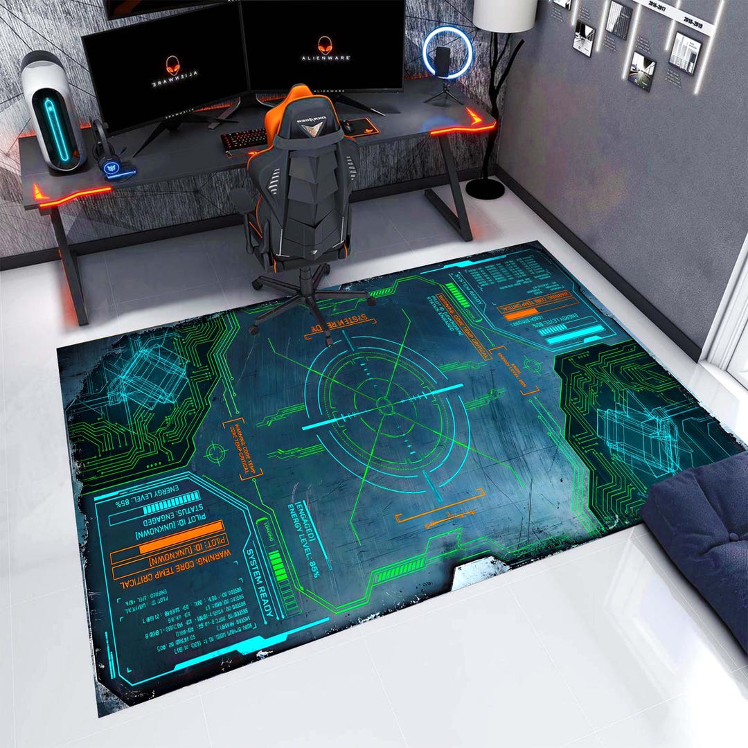 Cyber HUD Gaming Area Rug: Circuit Board Sci Fi Interface Carpet ...