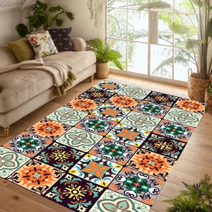 Talavera Tile Area Rug: Mediterranean Patchwork Carpet, Non-Slip Machine-Washable