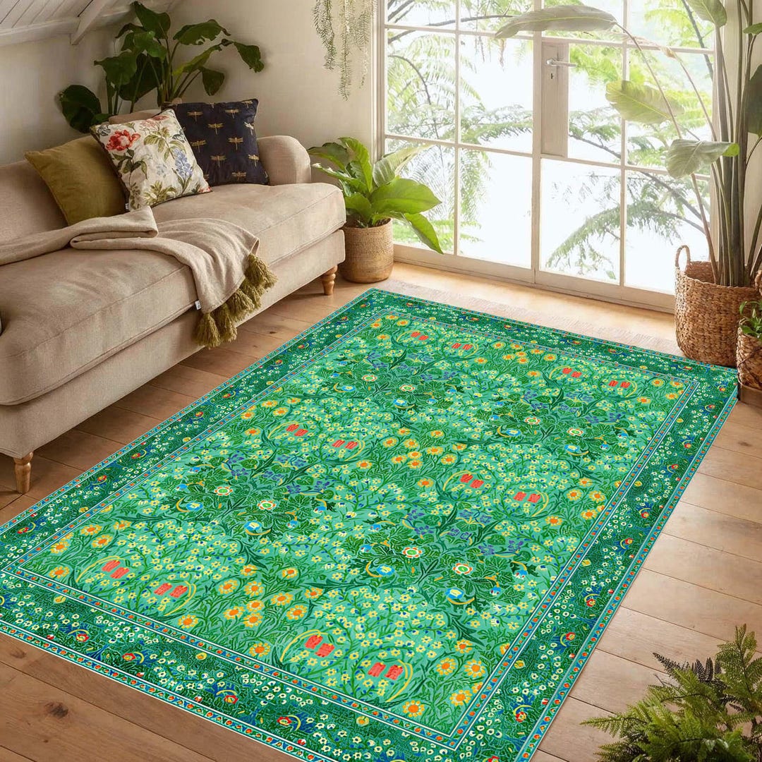 Green Botanical Floral Printed Area Rug: Cottagecore Garden Carpet, Non ...