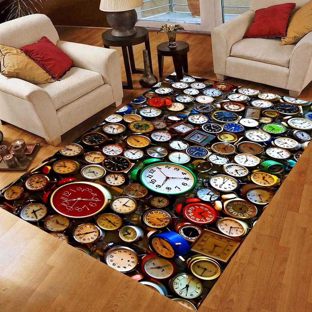 Vintage Alarm Clock Rug: Bold Colors and Collector Style, Washable Non ...