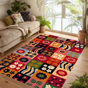Colorful Boho Floral Print Rug: Patchwork Area Carpet, Non-Slip Machine-Washable