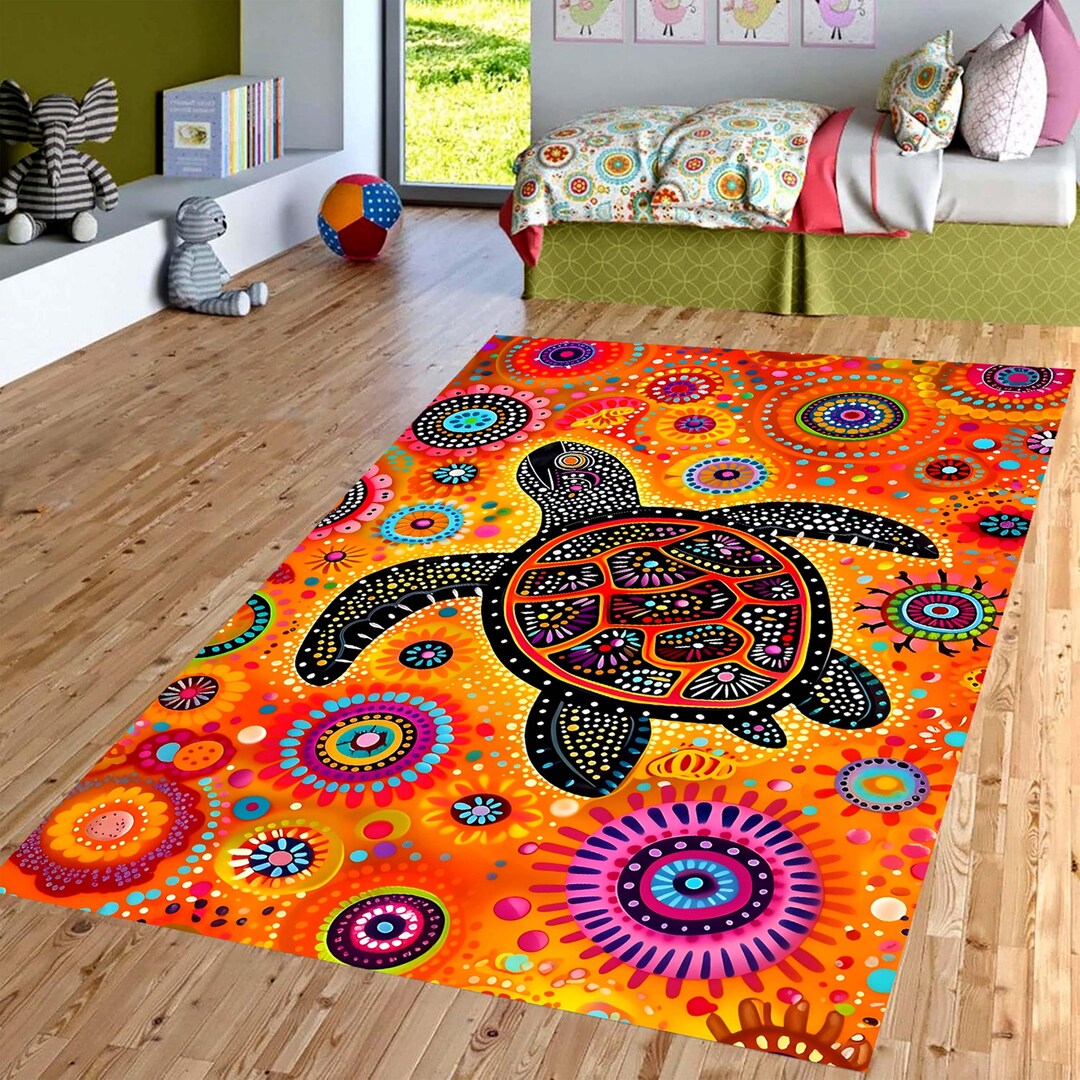 Dot Art Sea Turtle Area Rug: Orange Mandala Ocean Decor, Non-slip ...