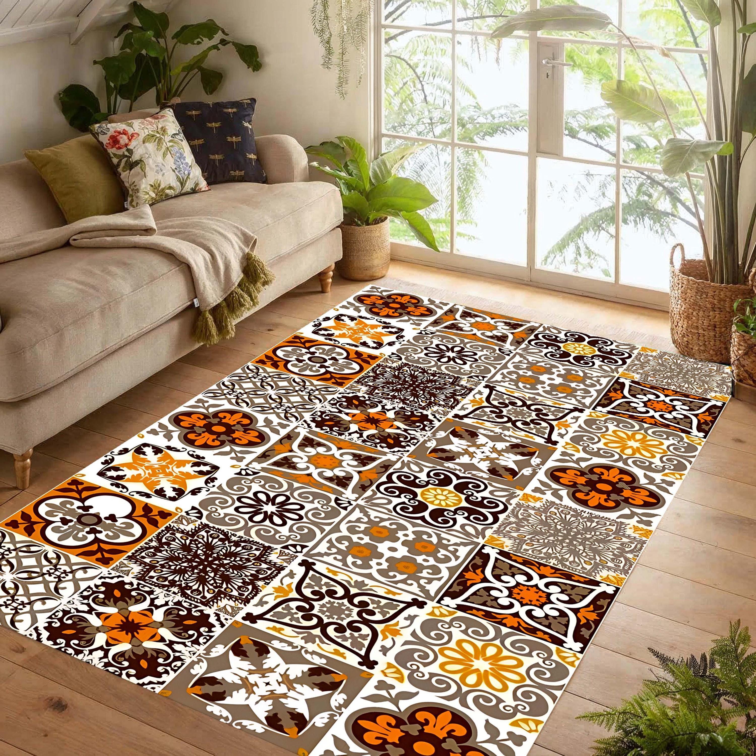 Terracotta Tile Patchwork Rug: Mediterranean Azulejo Orange Brown