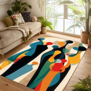 Abstract People Silhouette Area Rug: Mid-Century Modern Colorful Carpet, Non-Slip, Machine-Washable, Low-Pile