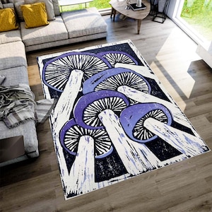 Purple Mushroom Area Rug: Cottagecore Fungi Art, Non-Slip, Machine-Washable, Low-Pile
