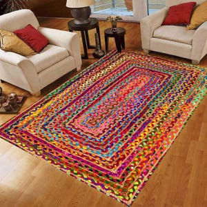 Alfombra estampada estilo boho trenzada arcoíris: Alfombra colorida de tejido de trapo, antideslizante y lavable a máquina.