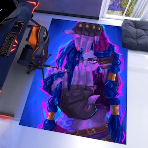Neon Crazy Girl Gaming Rug: Blue Purple Anime Style Area Carpet, Non-Slip Machine-Washable