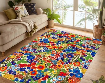 Vibrant Floral Area Rug: Retro Botanical Garden Boho Decor, Non-Slip Machine-Washable