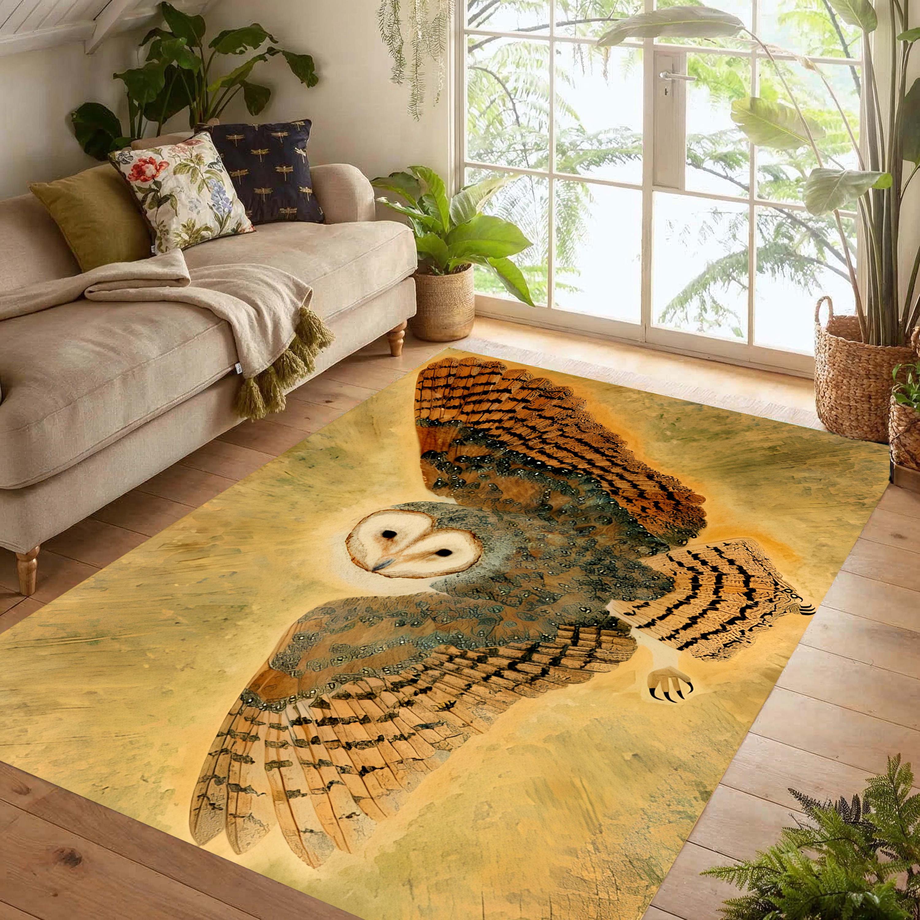 Flying Barn Owl Rug: Golden Mid-Flight Art Carpet, Non-Slip Machine-Washable