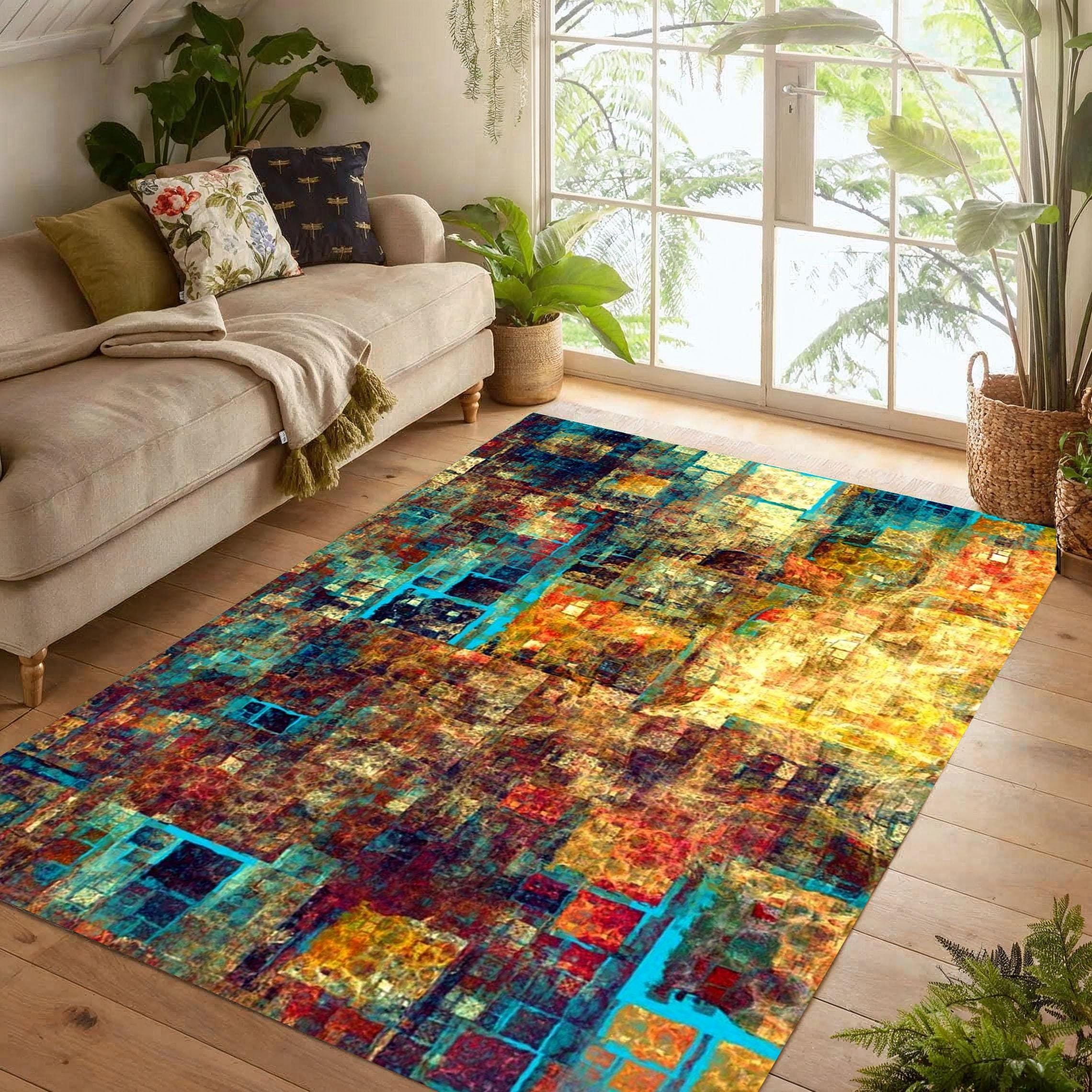 Abstract Color Block Area Rug: Modern Geometric Carpet, Non-slip ...