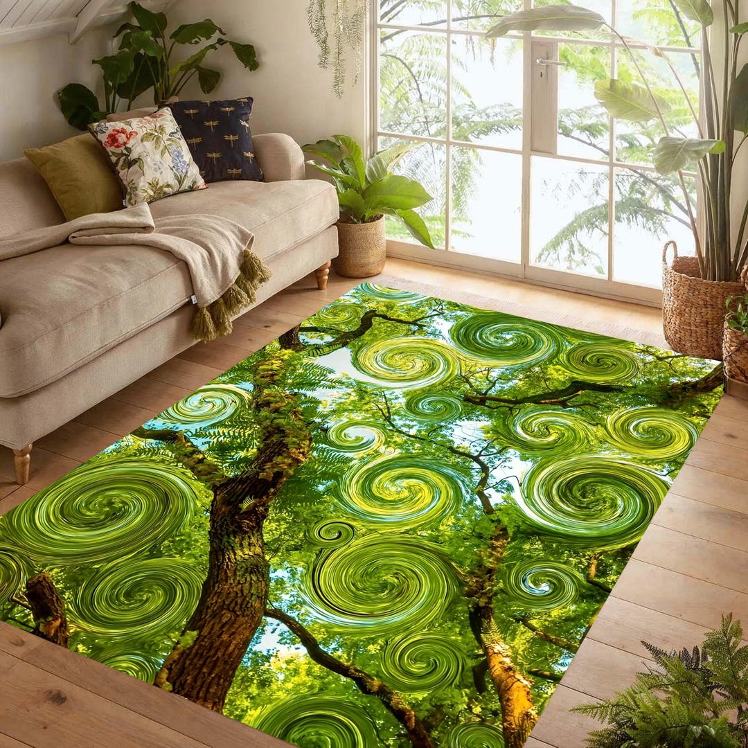 Whimsical Forest Area Rug: Green Swirl Tree Canopy Carpet, Non-slip ...