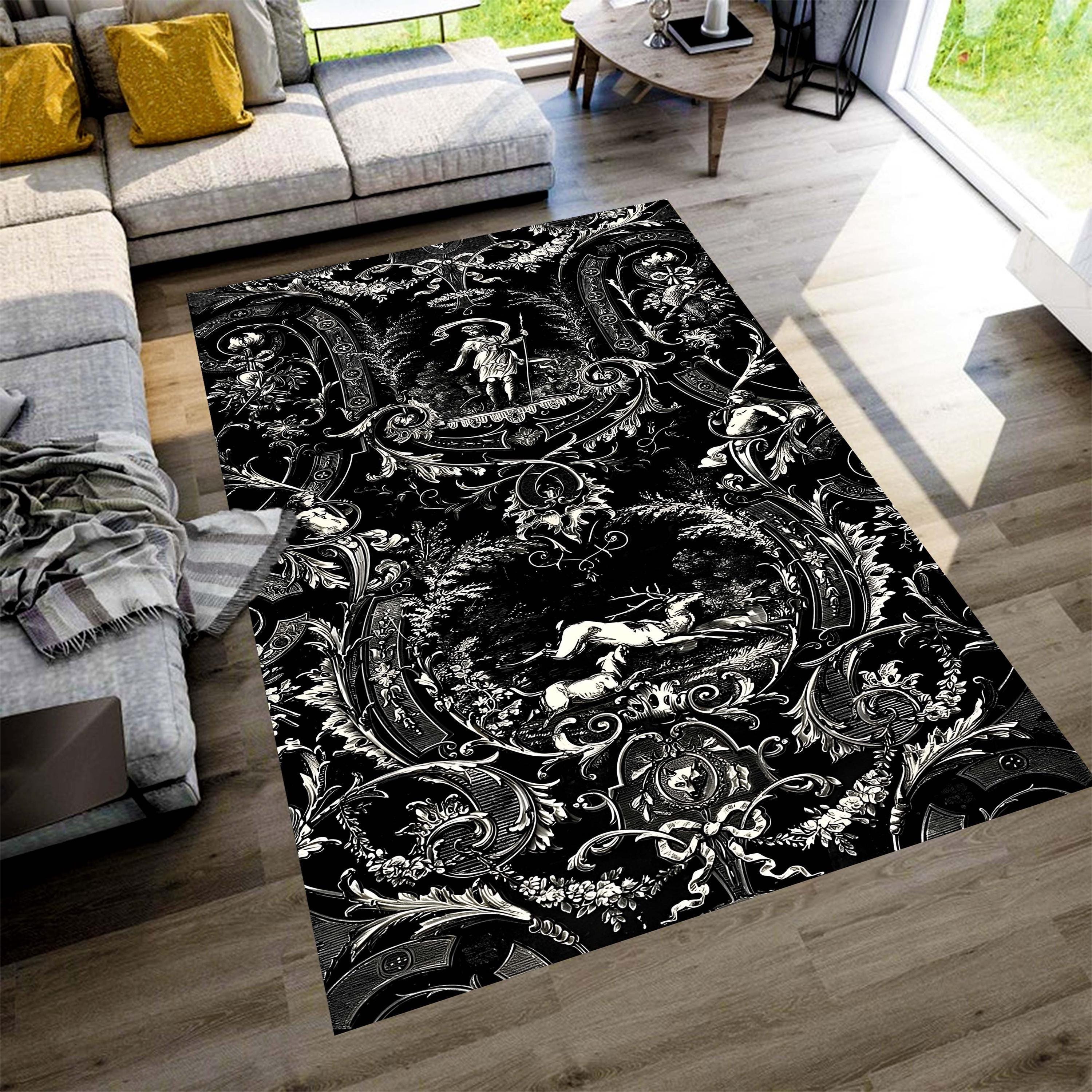 Black & White Baroque Hunting Toile Rug: Gothic Rococo, Non-slip