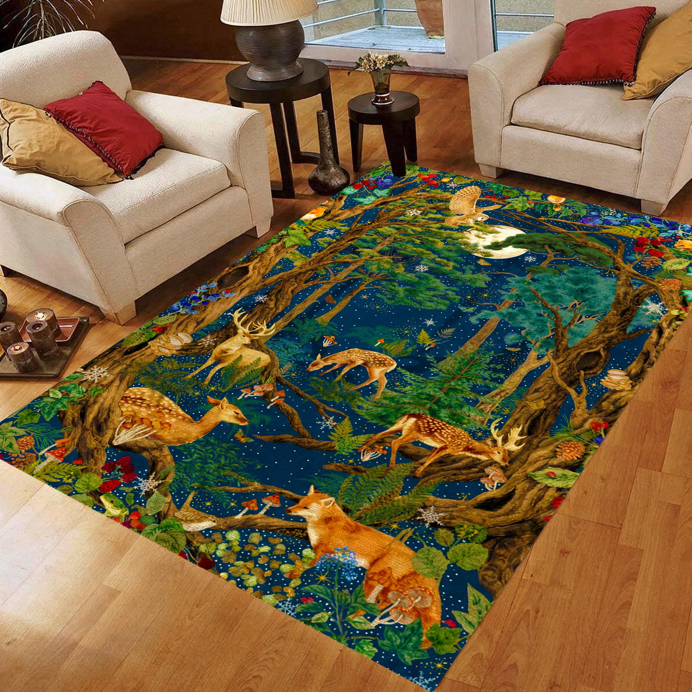Enchanted Forest Night Wildlife Rug: Deer Fox Owl Moon Nature Decor, Non-Slip Machine-Washable