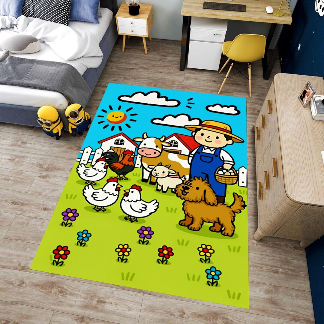 Cartoon Farm Animals Kids Area Rug: Toddler Room Carpet, Machine ...