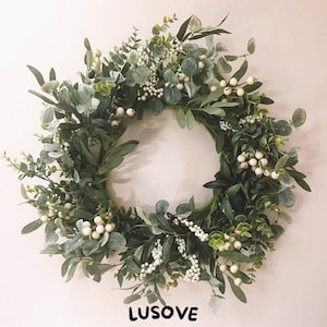 Eucalyptus Wreath Artificial Eucalyptus and Green Berry Wreath Rustic Farmhouse Front Door Greenery Decor