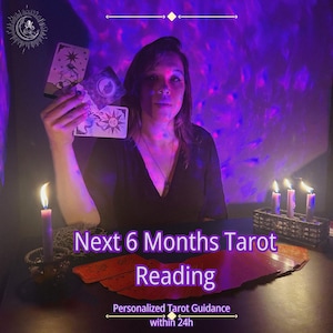May include: A person holding tarot cards with the text "Next 6 Months Tarot Reading" and "Personalized Tarot Guidance within 24h". The scene is illuminated by candles and a purple light.