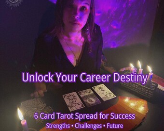 May include: Image of a woman with tarot cards, candles, and the text "Unlock Your Career Destiny." The image also includes the text "6 Card Tarot Spread for Success" and "Strengths • Challenges • Future."
