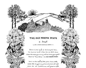 The OLD NORTH STATE North Carolina Toast, Large Letterpress Botanical Print, Hostess Gift, Tarheel Grad, Mt Mitchell, Cabin Art, Asheville