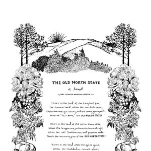 The OLD NORTH STATE North Carolina Toast, Large Letterpress Botanical Print, Hostess Gift, Tarheel Grad, Mt Mitchell, Cabin Art, Asheville image 1