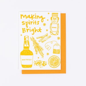 MAKING SPIRITS BRIGHT Buchdruck Weihnachtskarte, fröhliche Spaß Urlaub Briefpapier, handgemacht, Whisky, Hot Toddy, Winter, Sonnenwende, Boozy, Lit