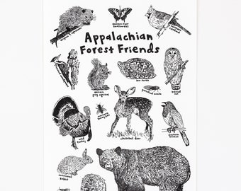 APPALACHIAN FOREST FRIENDS Letterpress Art Print: featuring hand-drawn illustrations of Local Fauna