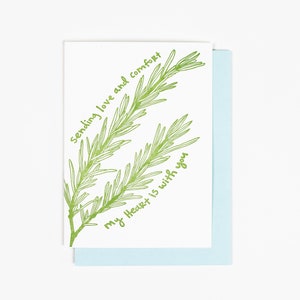 CARTE DE SYMPATHIE AU ROMARIN avec la phrase : "Envoi d'amour et de réconfort. Mon cœur est avec vous."