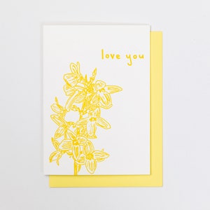 LOVE YOU FORSYTHIA, Spring Flower Letterpress Love Card, Tarjeta de felicitación floral, Signos de primavera, Flores amarillas, San Valentín, Aniversario, Gracias