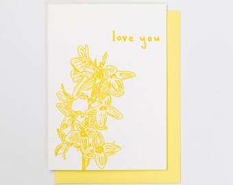 LOVE YOU FORSYTHIA, Spring Flower Letterpress Love Card, Tarjeta de felicitación floral, Signos de primavera, Flores amarillas, San Valentín, Aniversario, Gracias