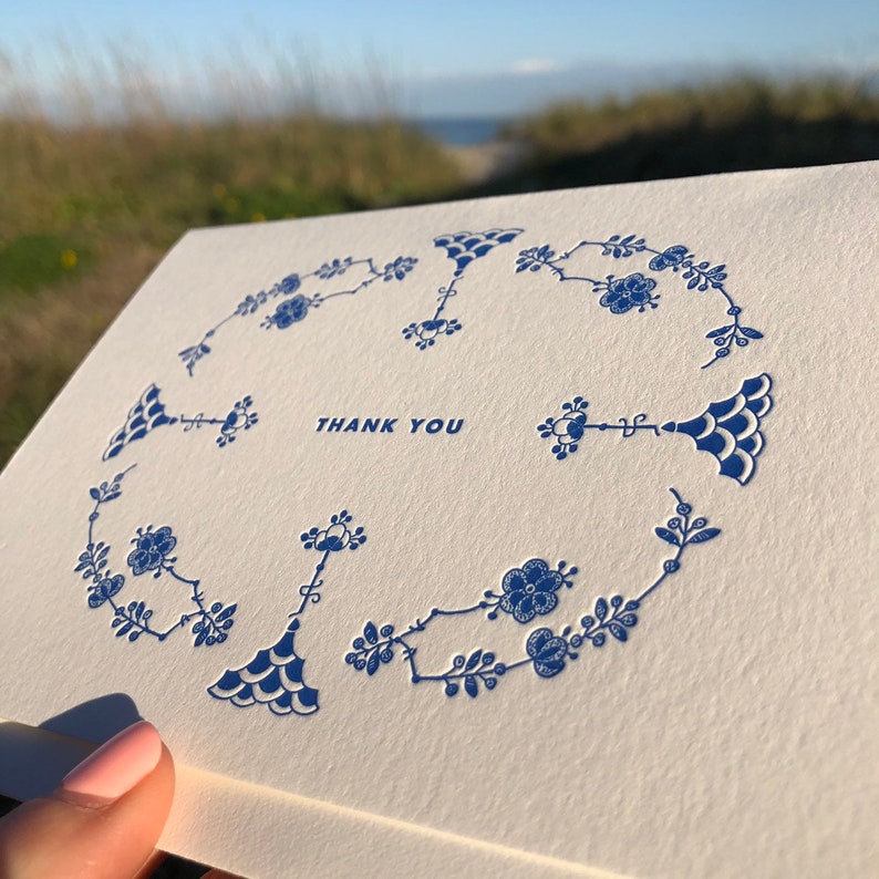 FURNIVALS THANK YOU Letterpress Greeting, Handmade Stationery, Denmark Blue, Royal Copenhagen, Chinoiserie Chic, Grandmillennial, Elegant image 4