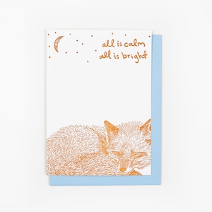 ALL IS CALM Sleeping Fox Letterpress Christmas Card, Quiet Holiday, Winter Stationery, Handmade Greeting, Woodland Critter, Appalachia image 1