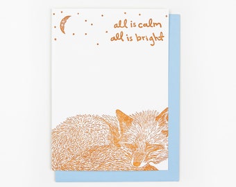 ALL IS CALM Sleeping Fox Letterpress Christmas Card, Quiet Holiday, Winter Stationery, Handmade Greeting, Woodland Critter, Appalachia