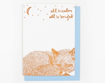 ALL IS CALM Sleeping Fox Letterpress Christmas Card, Quiet Holiday, Winter Stationery, Handmade Greeting, Woodland Critter, Appalachia