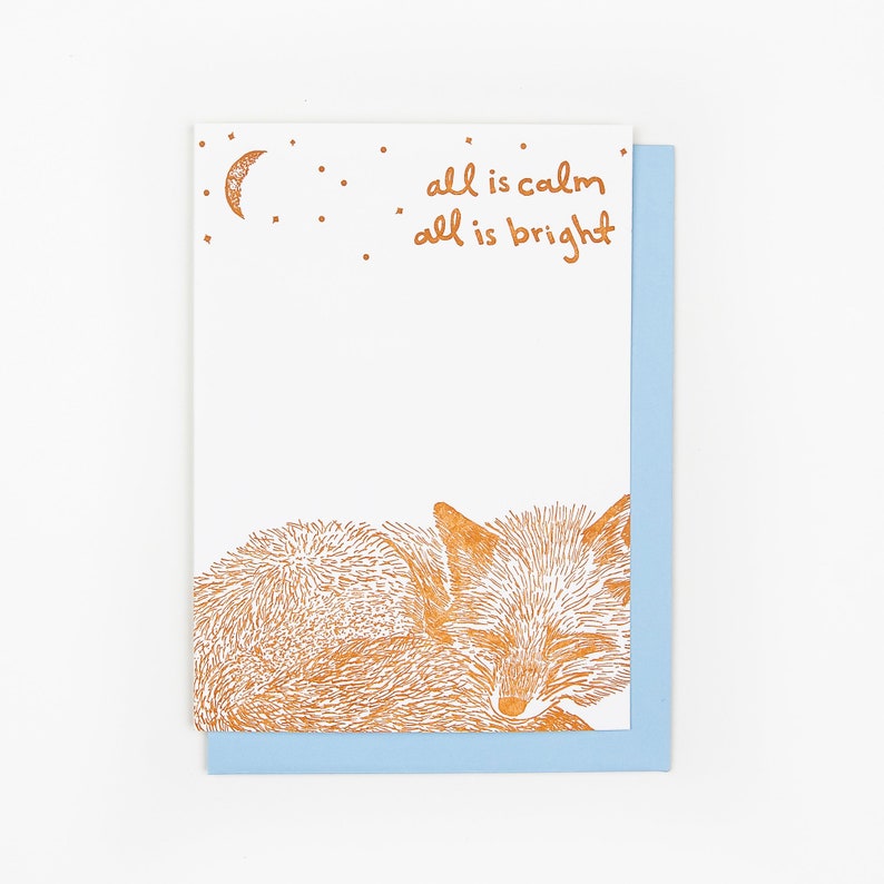 ALL IS CALM Sleeping Fox Letterpress Christmas Card, Quiet Holiday, Winter Stationery, Handmade Greeting, Woodland Critter, Appalachia image 1