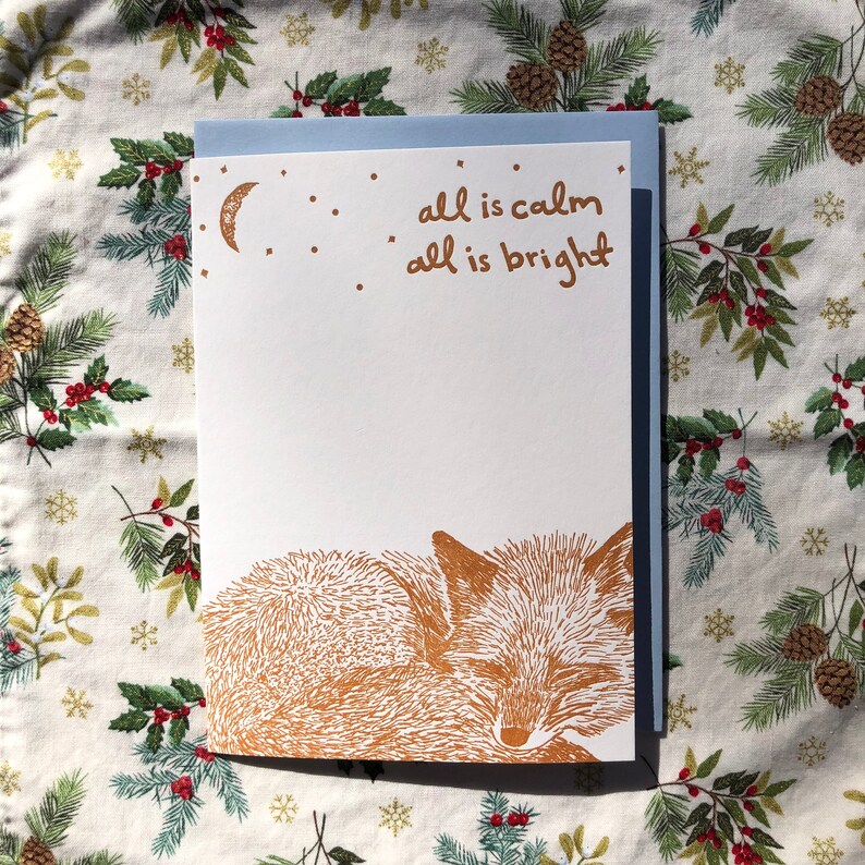 ALL IS CALM Sleeping Fox Letterpress Christmas Card, Quiet Holiday, Winter Stationery, Handmade Greeting, Woodland Critter, Appalachia image 5