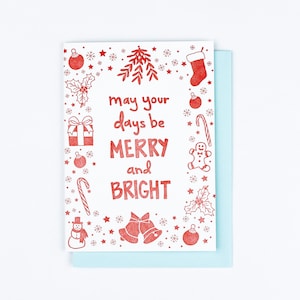 MERRY & BRIGHT Buchdruck Weihnachtsgrußkarte, lustige fröhliche Feiertage, handgemachte Weihnachtsbriefpapiere, Winter-Icons, Mistelzweig, Schneemann