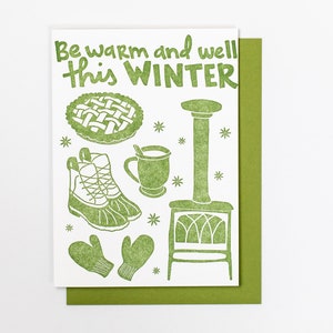 SER CALIENTE y BIEN Este invierno, Tarjeta de vacaciones de invierno de tipografía, Acogedor, Navidad, Estufa de leña, Pie, Manoplas, Botas, Anís