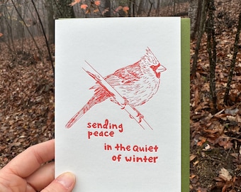 WINTER CARDINAL Letterpress Greeting Card / Sending Peace in the Quiet
