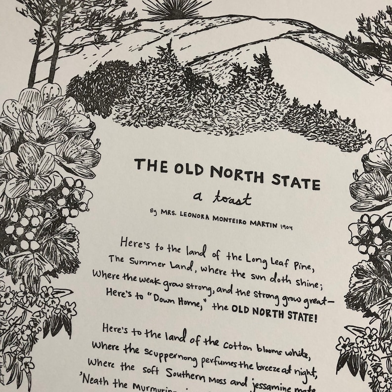 The OLD NORTH STATE North Carolina Toast, Large Letterpress Botanical Print, Hostess Gift, Tarheel Grad, Mt Mitchell, Cabin Art, Asheville image 4