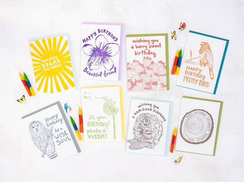 Cheerful Letterpress Birthday Card Bundle, Set of 8 Cards, Variety Pack image 1