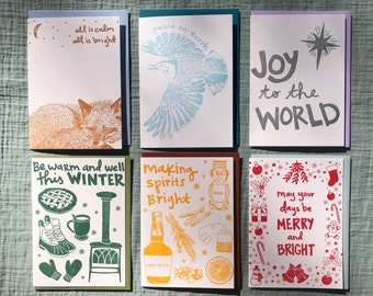 HOLIDAY CARD 12-PACK / Letterpress Holiday Card Set, Stationery Christmas Card Pack, Handmade Winter Greeting Cards, Unique, Cheerful