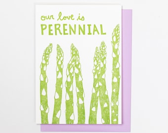 ASPARAGUS PERENNIAL LIEFDE Letterpress wenskaart, liefde, jubileum, "Onze liefde is eeuwigdurend", tuin, kaart voor tuinman, natuur, wild